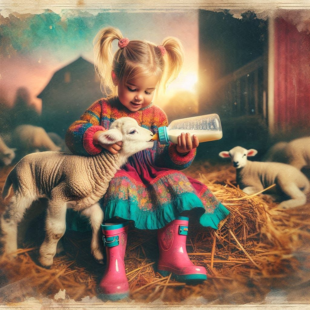 Girl Feeding Lamb in Vintage Watercolor Style
