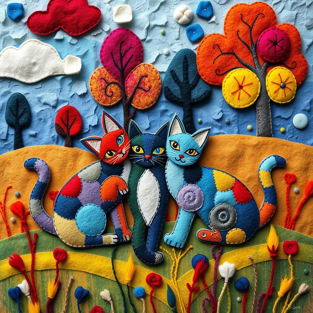 3D Felt Cats Playing on Felt Grass in Dreamlike Scene