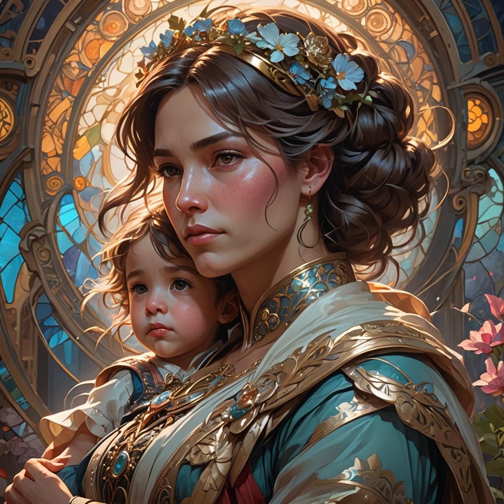 Mother and Child Portrait in Hyperdetailed Style