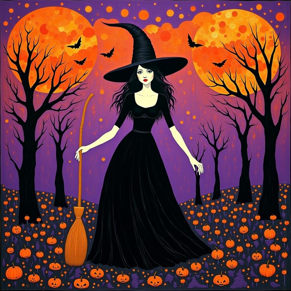 Halloween Witch in Swirling Forest Landscape