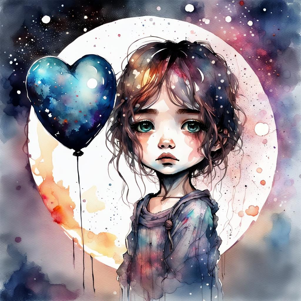Chibi Girl with Heart Balloon in Watercolor Style