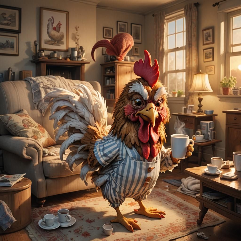 A whimsical and hyper-detailed caricature of a chicken in a cozy living room setting. The chicken has wild, messy hair, ...