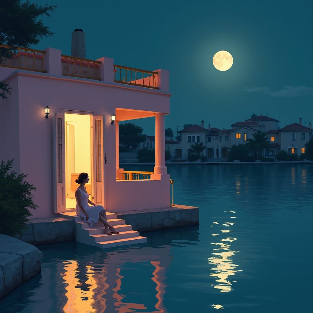 Pink Stucco House on Water's Edge at Night
