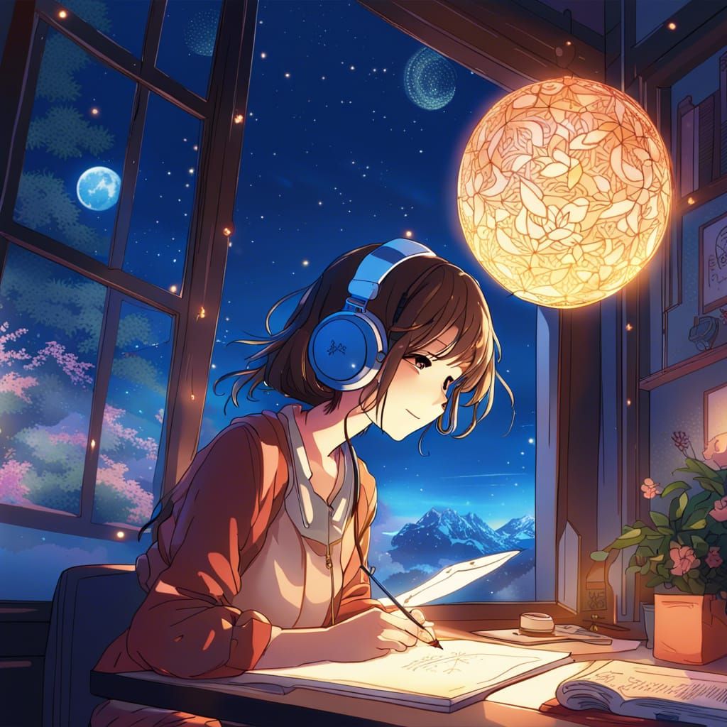 Lofi Girl Studying Under Comet Sky: Anime Art