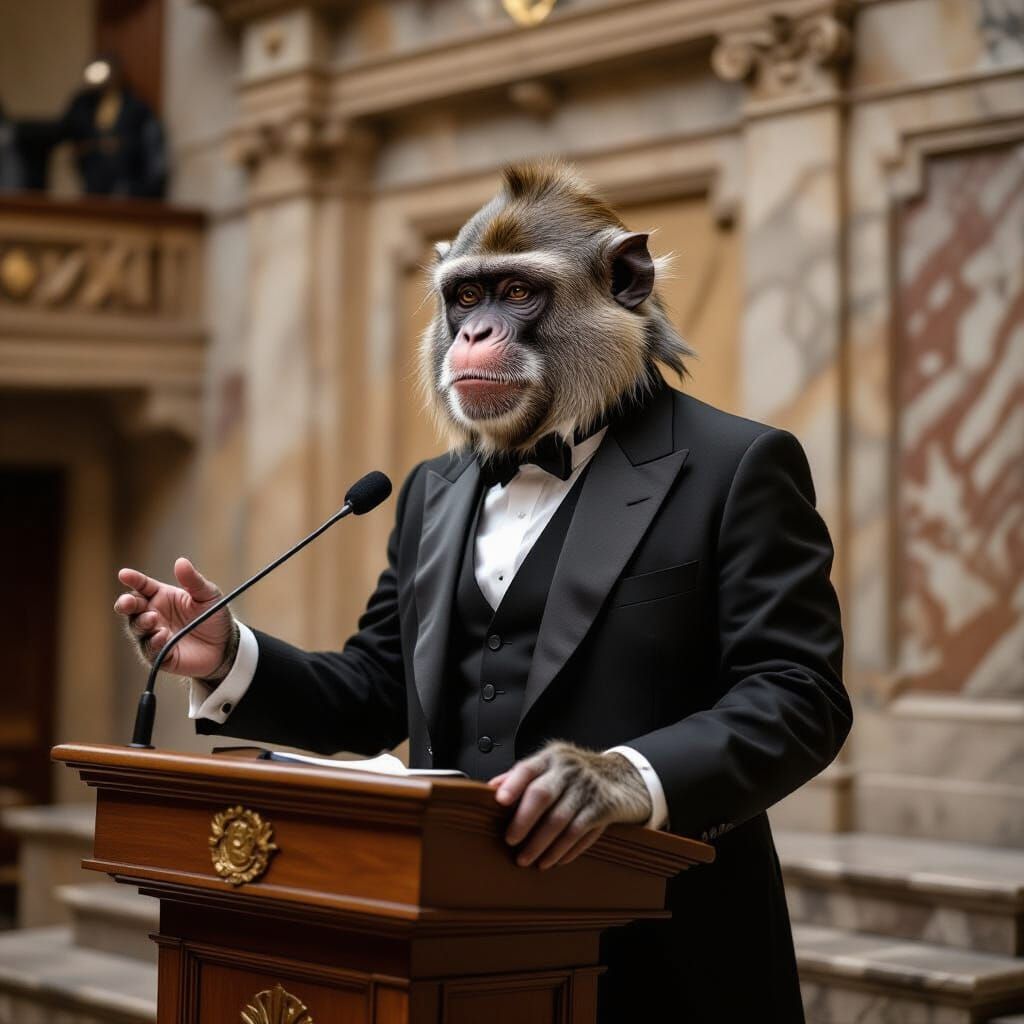 Monkey Orator in Ruined Parliament, Biomechanical Style