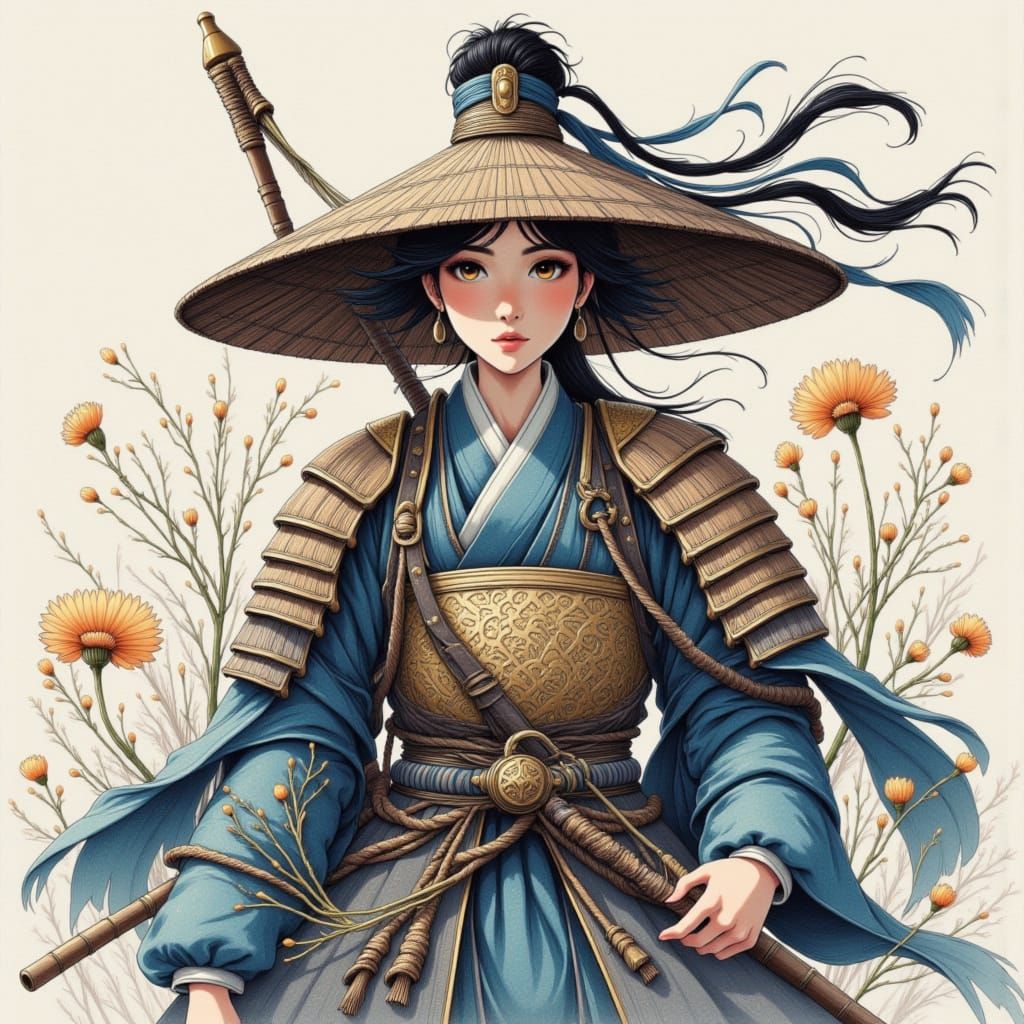 Female warrior in traditional armor.