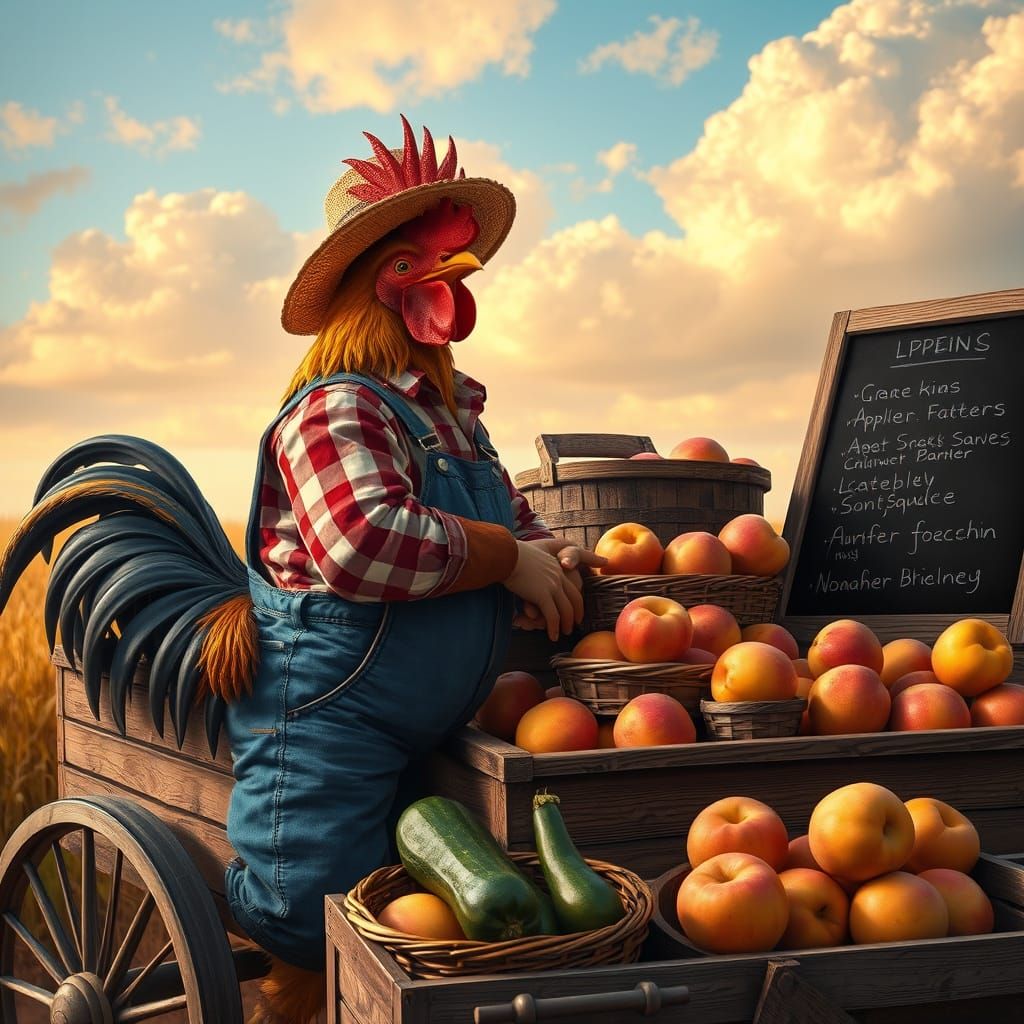 Rooster Farmer Arranging Harvest in Open Wagon
