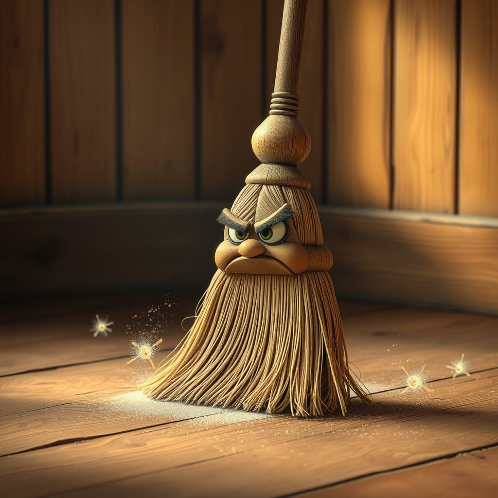 Grumpy Broom Sweeps Floor with Dust Sprites