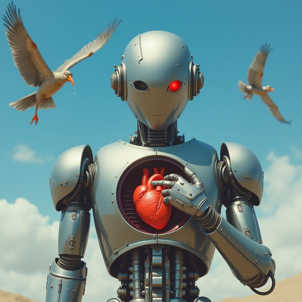 Android Exposing Heart in Futuristic Biomechanical Sky