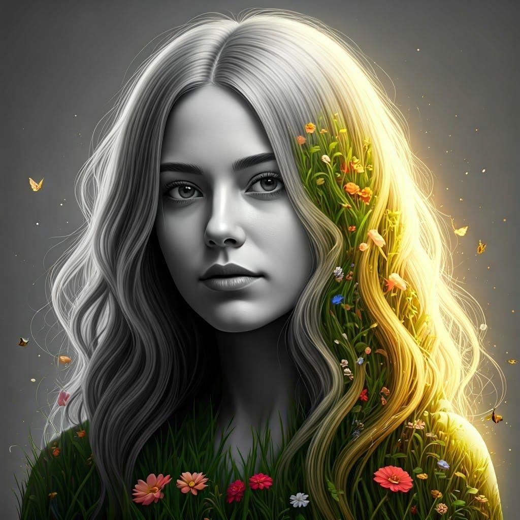 Monochrome Person Becomes Lush Green Landscape