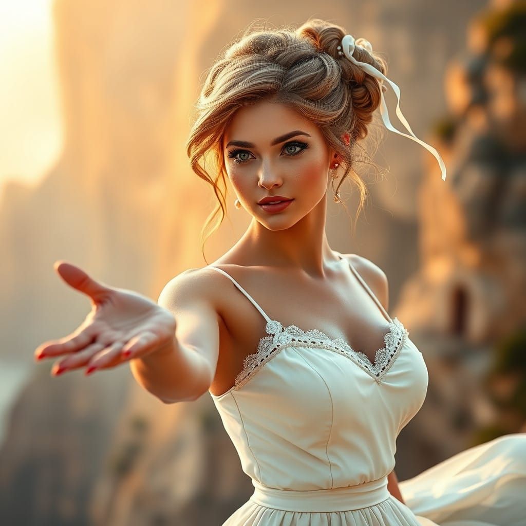 Ethereal Goddess in Flowing Empire-Style Gown with Languid G...