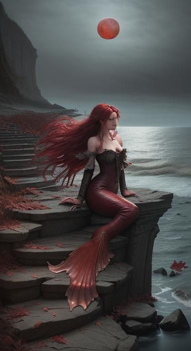 Gothic Victorian Mermaid Lighthouse Under Blood Moon