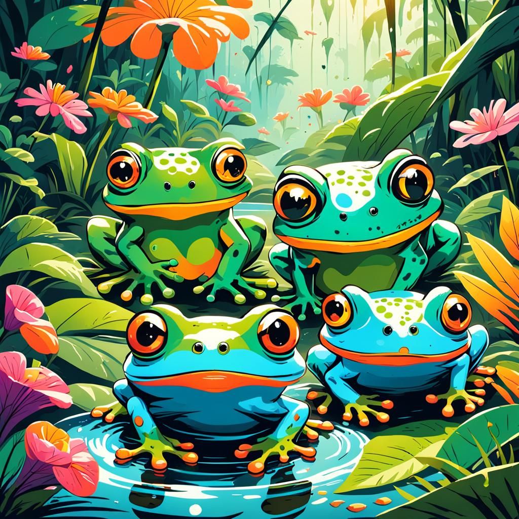 Googly-Eyed Frogs in Amazon Jungle: Splash Art