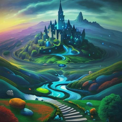 Surreal Isometric Landscape with Floating Stones