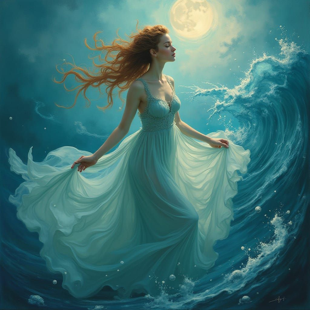 Dreamlike Water Goddess in Aquatic Gown