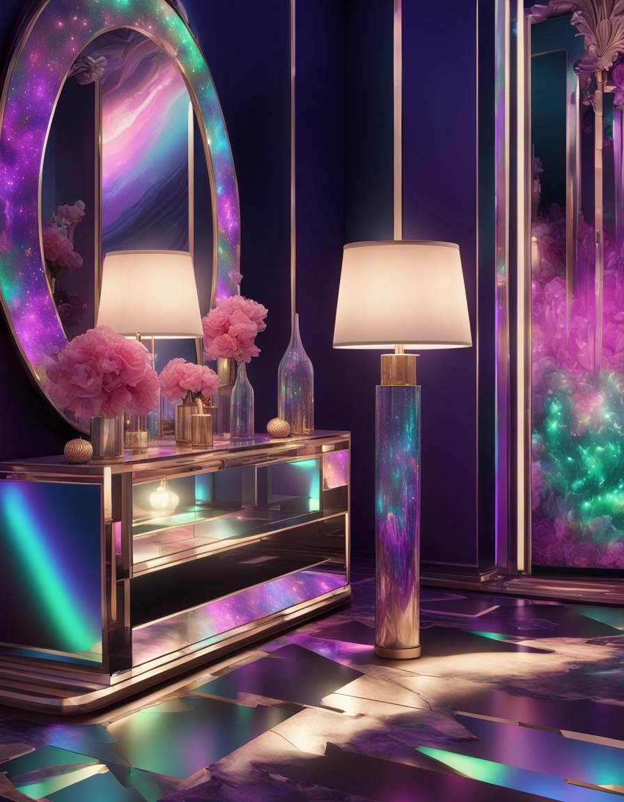 Realistic multi chromatic dressing room with holographic pur...