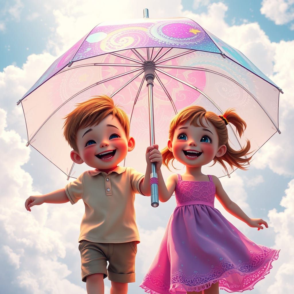 Whimsical Children Dance Under Colorful Umbrella