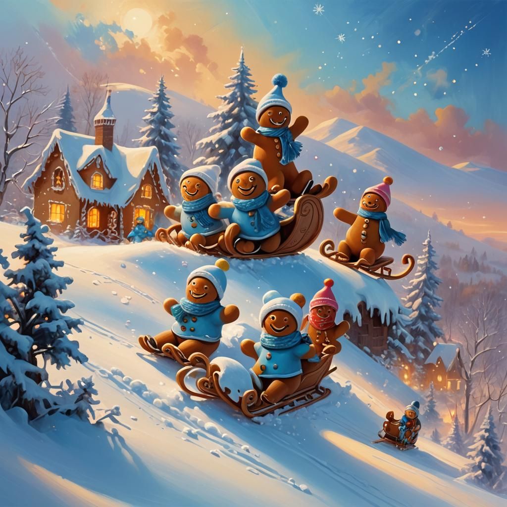 Gingerbread Men Sledding: Whimsical Winter Concept Art
