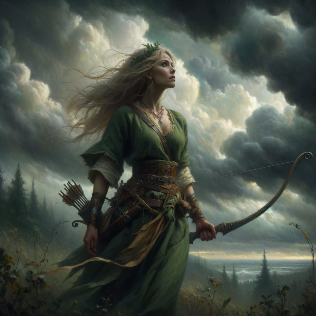 Norse Goddess with Bow in Ominous Landscape