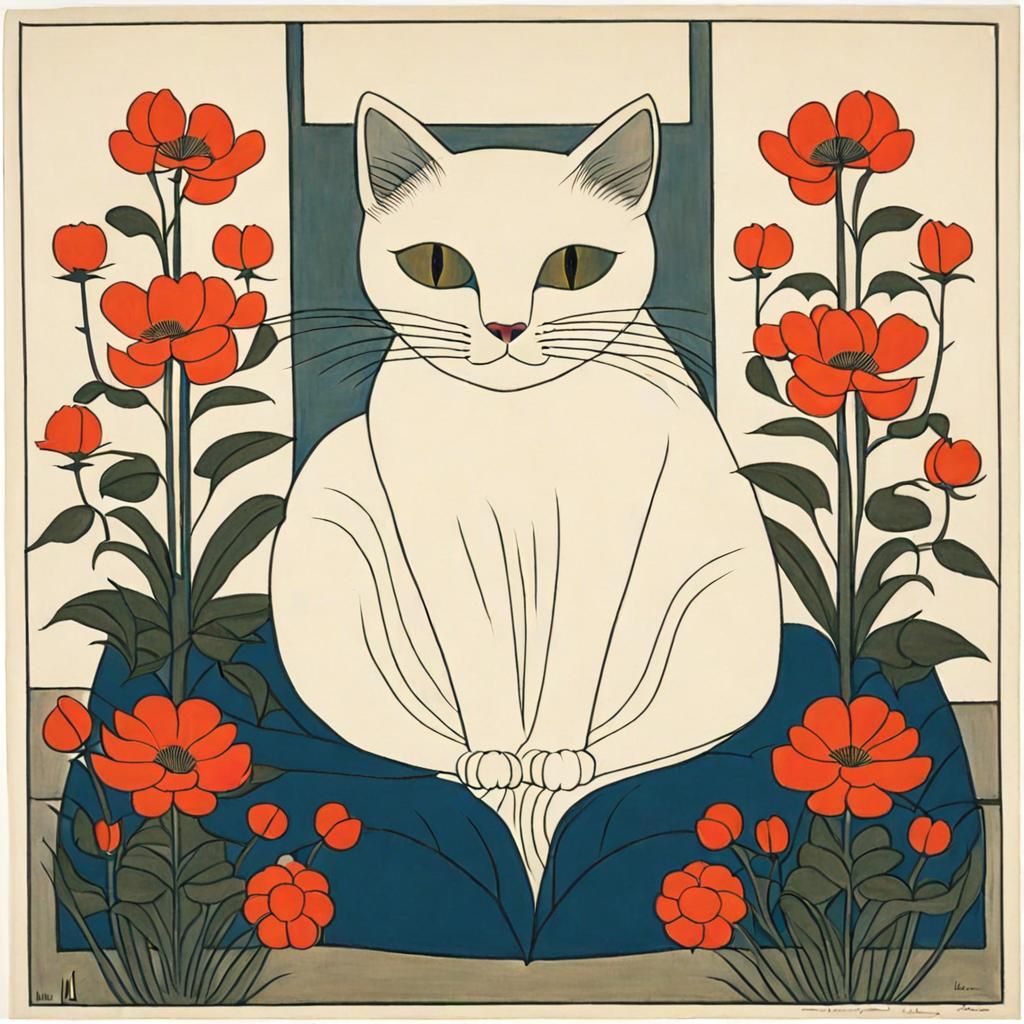 Cute Cat Surrounded by Flowers in Stylized Portrait