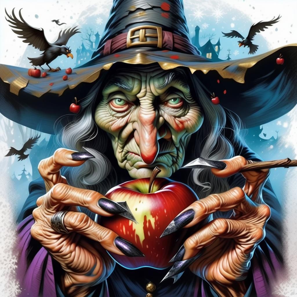 Whimsical Witch with Apple in Hyperrealistic Style