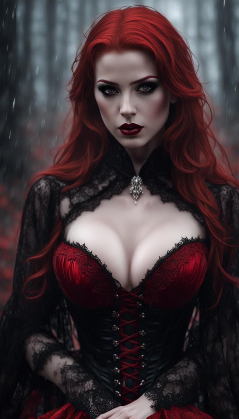 Redhead Vampire Kneeling in Stormy Forest
