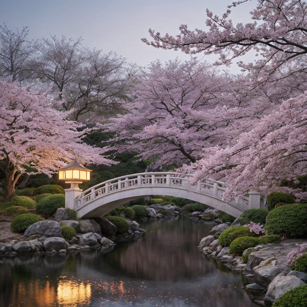 Cherry Blossoms in Japanese Garden, Ethereal Fantasy Art
