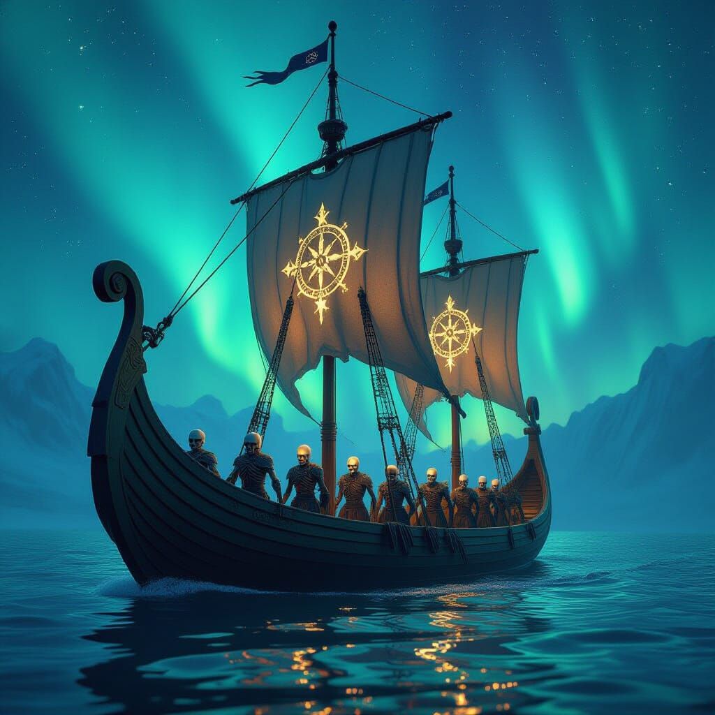 Bone Viking Longship on Liquid Starlight Sea