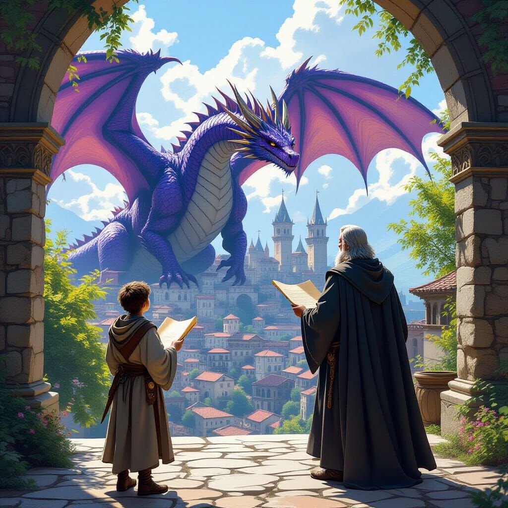 Purple Dragon Approaches Medieval City: Renaissance Style