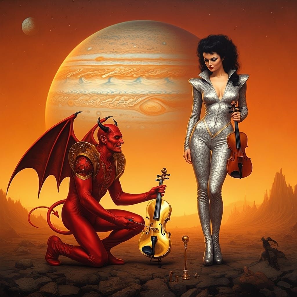 Surreal Oil Painting of the Devil and a Woman in a Futuristi...