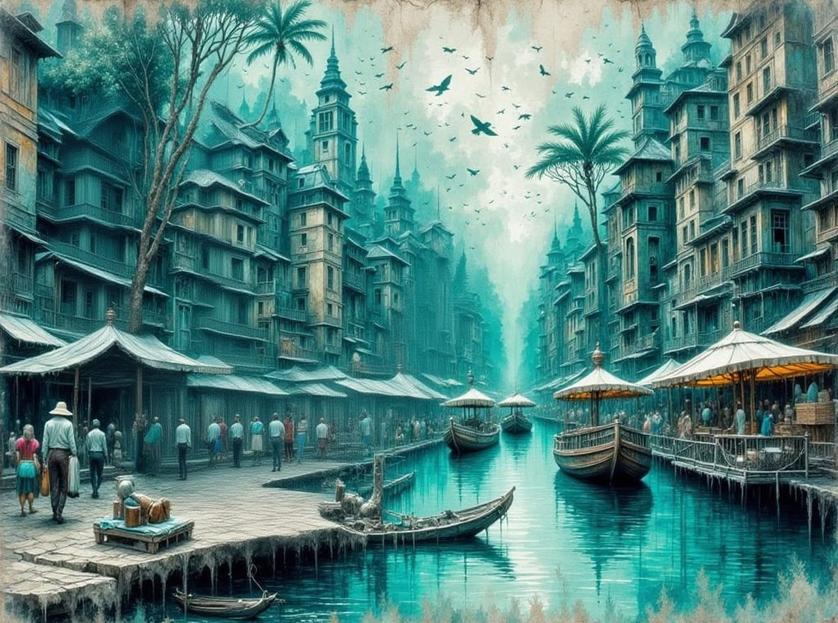 Monochromatic Turquoise Tusk Engraving with Cityscape in Imp...