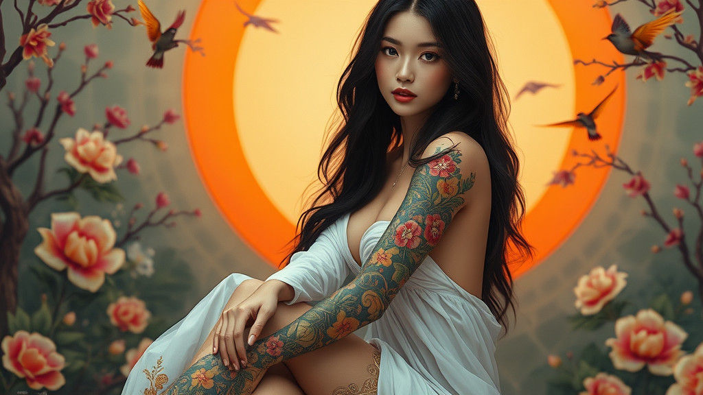Elegant Woman with Tattoos in Fantasy Setting