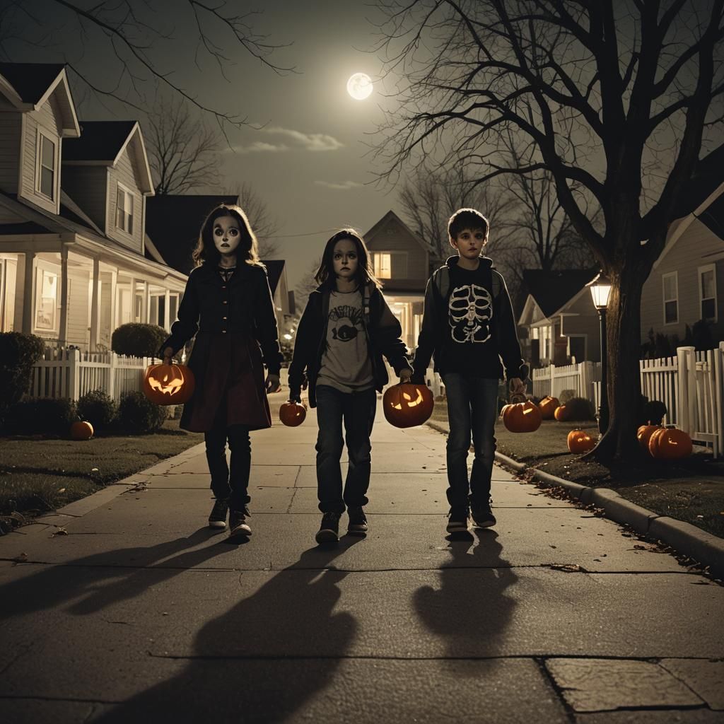 Spooky Halloween Night: Trick-or-Treaters in a Cinematic Sti...