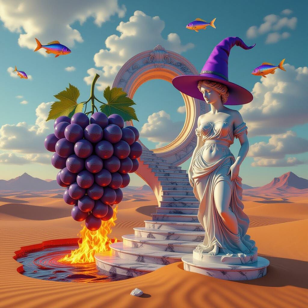 Surreal Fiery Grapes and Venus in Desert Dreamscape