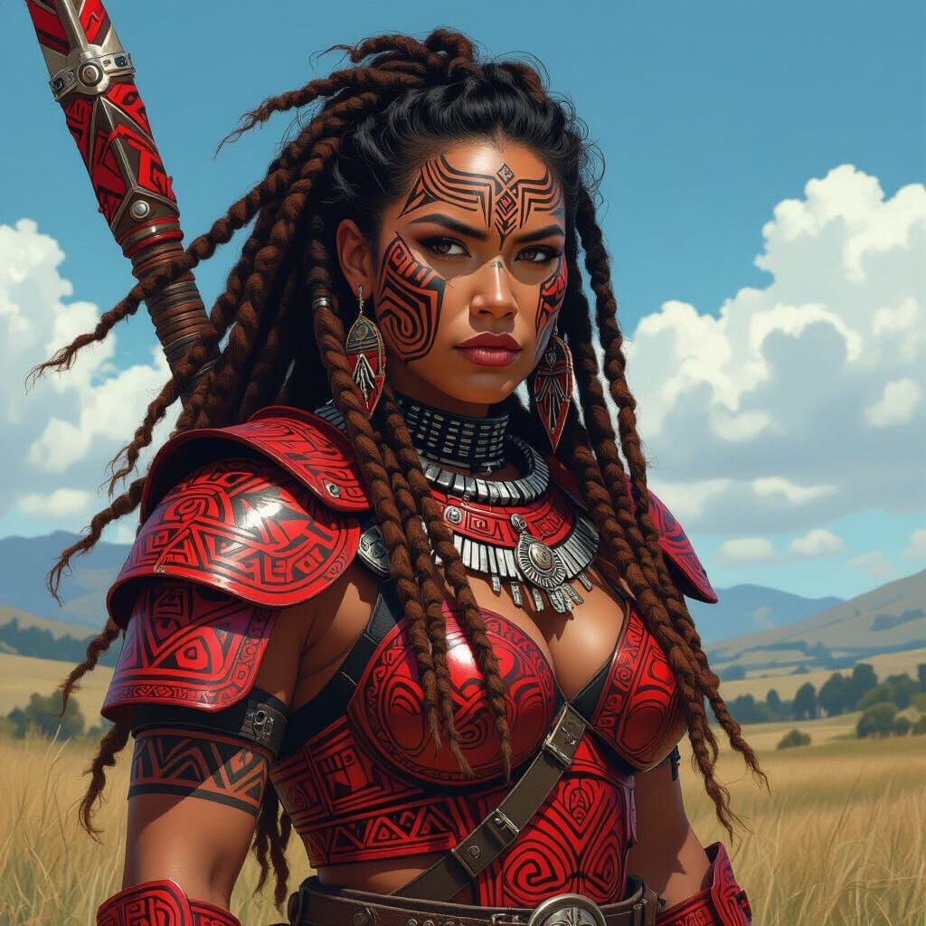 Fierce Maori Warrior in Red Armor, Digital Art