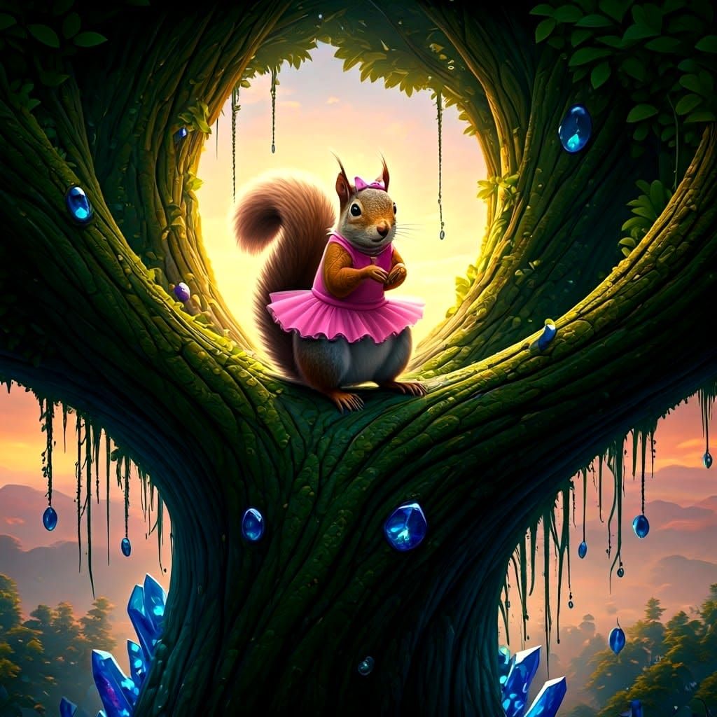 Squirrel in Pink Outfit on a Tall Tree