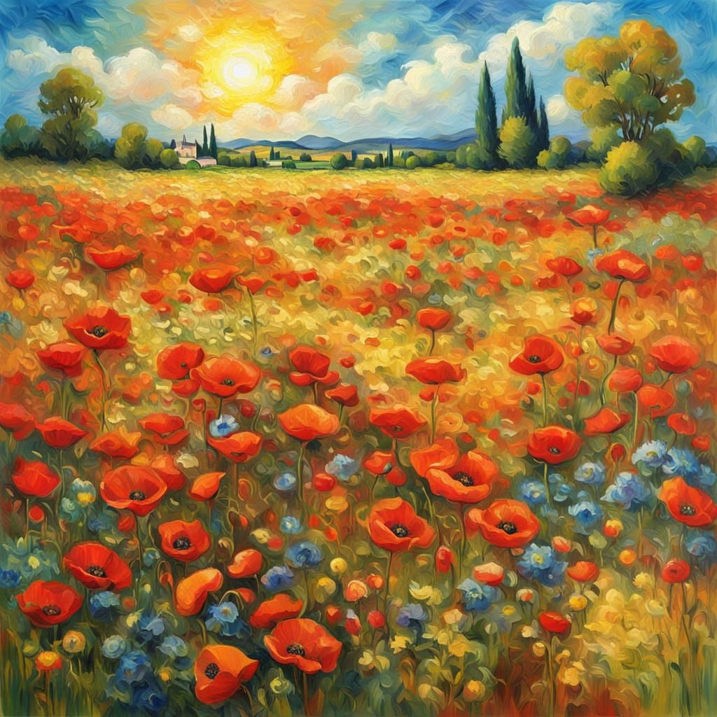 Poppy Field in Van Gogh Style with Divine Light
