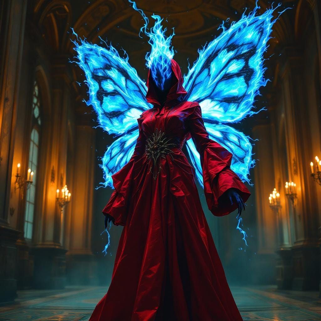 Magnificent Sorceress in Flowing Blue Flame Dress