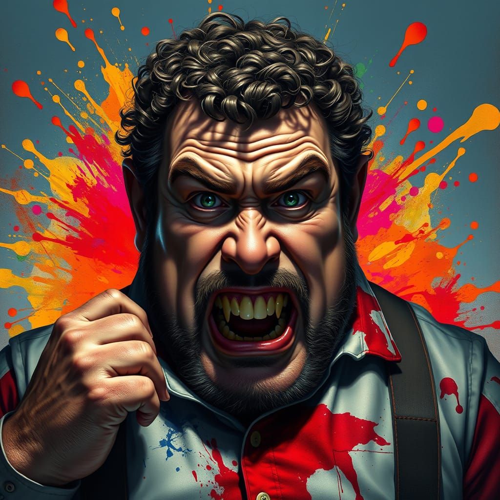 Burly Man with Curly Hair and Suspenders