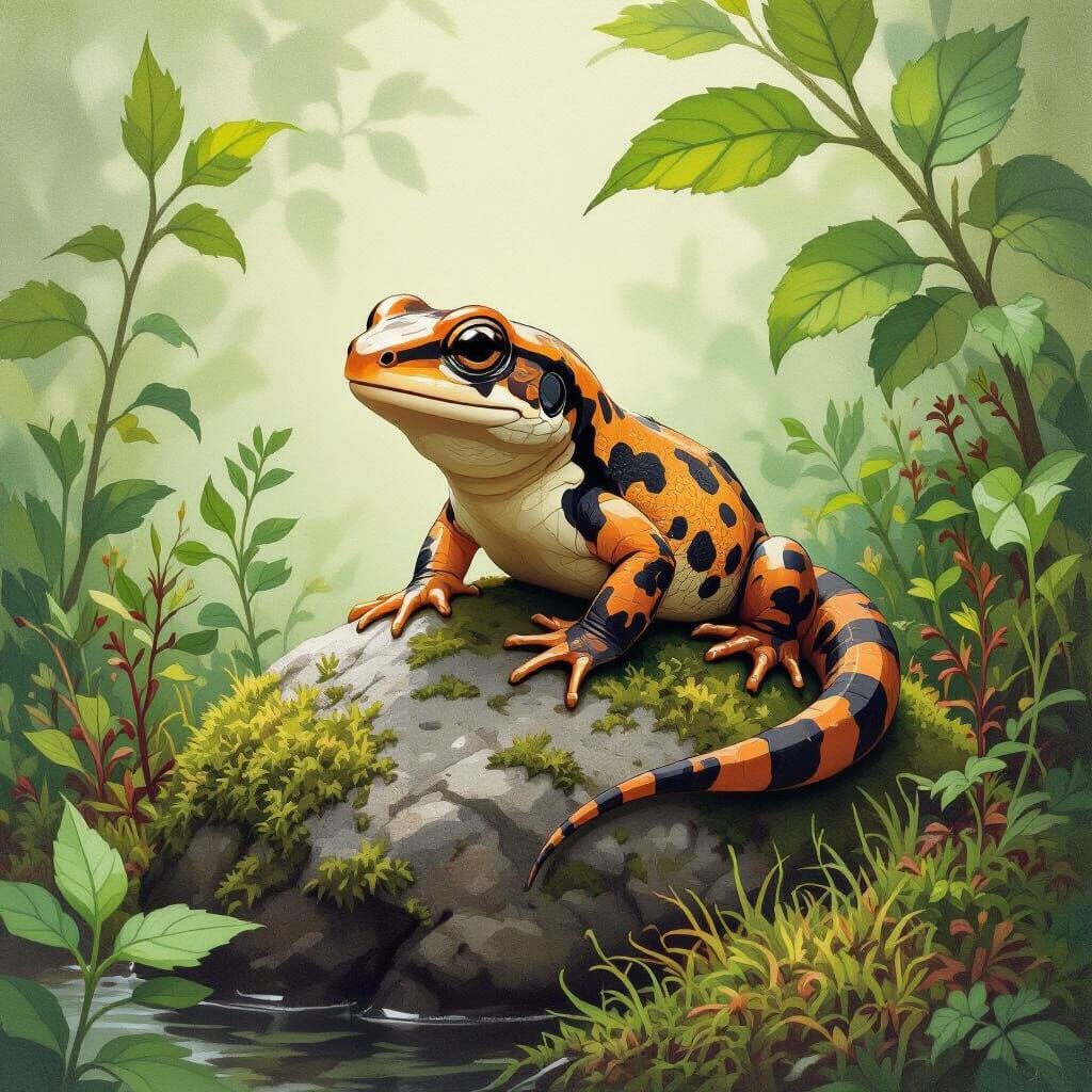 Camouflaged Newt on Mossy Rock, Naturalistic Illustration