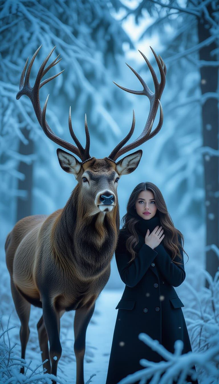 Majestic Stag With Mirrored Antlers in Winter Forest