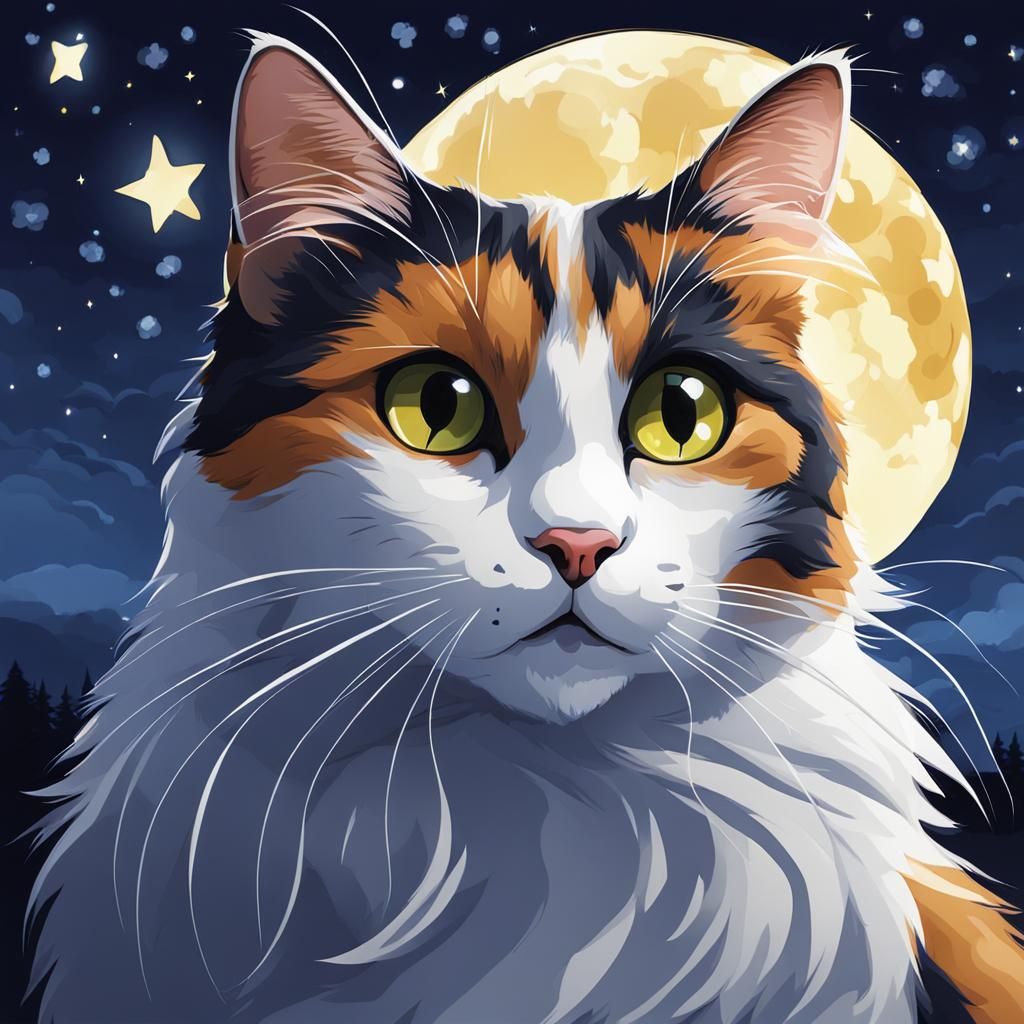 Calico Cat in Moonlight Nighttime Scene