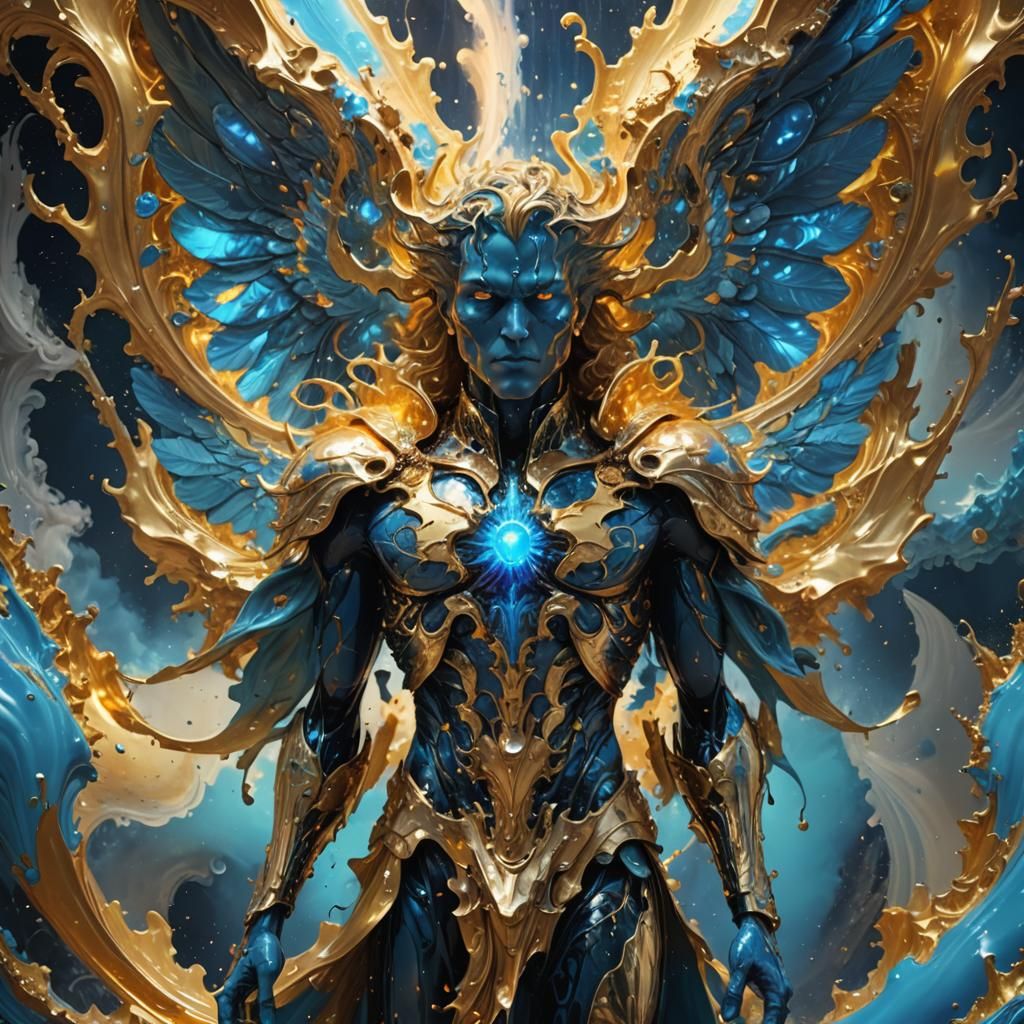 Plasma Archangel with Golden Clouds in Hyperrealism