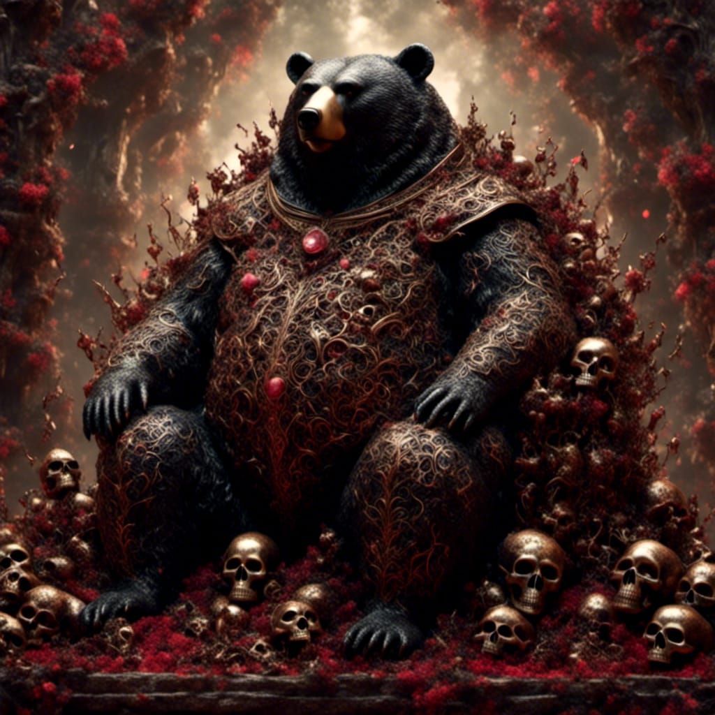 King Obese Bear on Skull Pile in Gothic Style