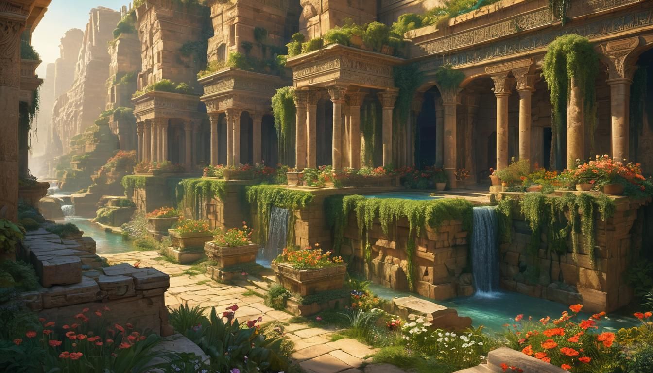 Ancient Wonders of Babylon: Majestic Hanging Gardens in Gold...