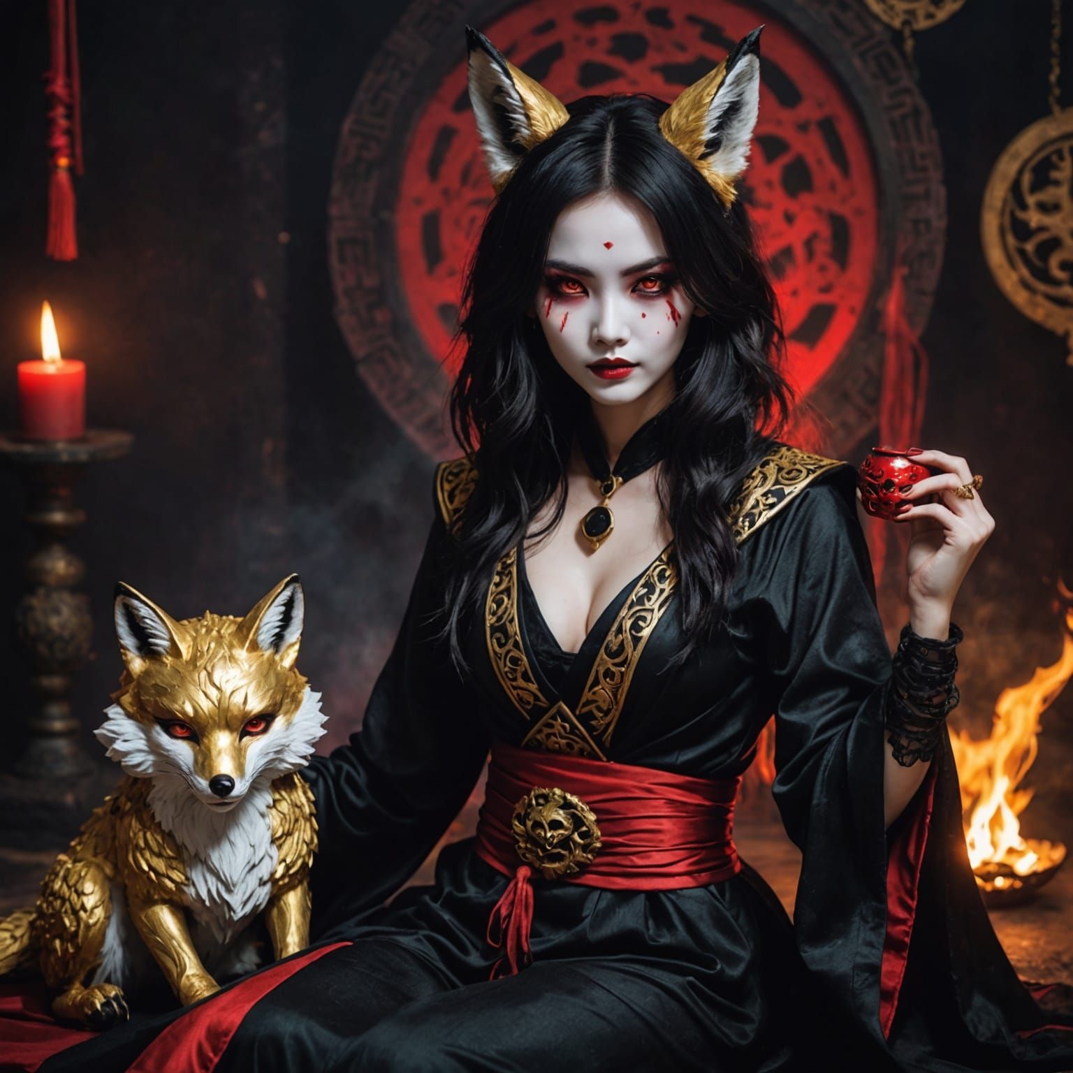 Gothic Goddess with Fox Mask in Japanese Nightscape