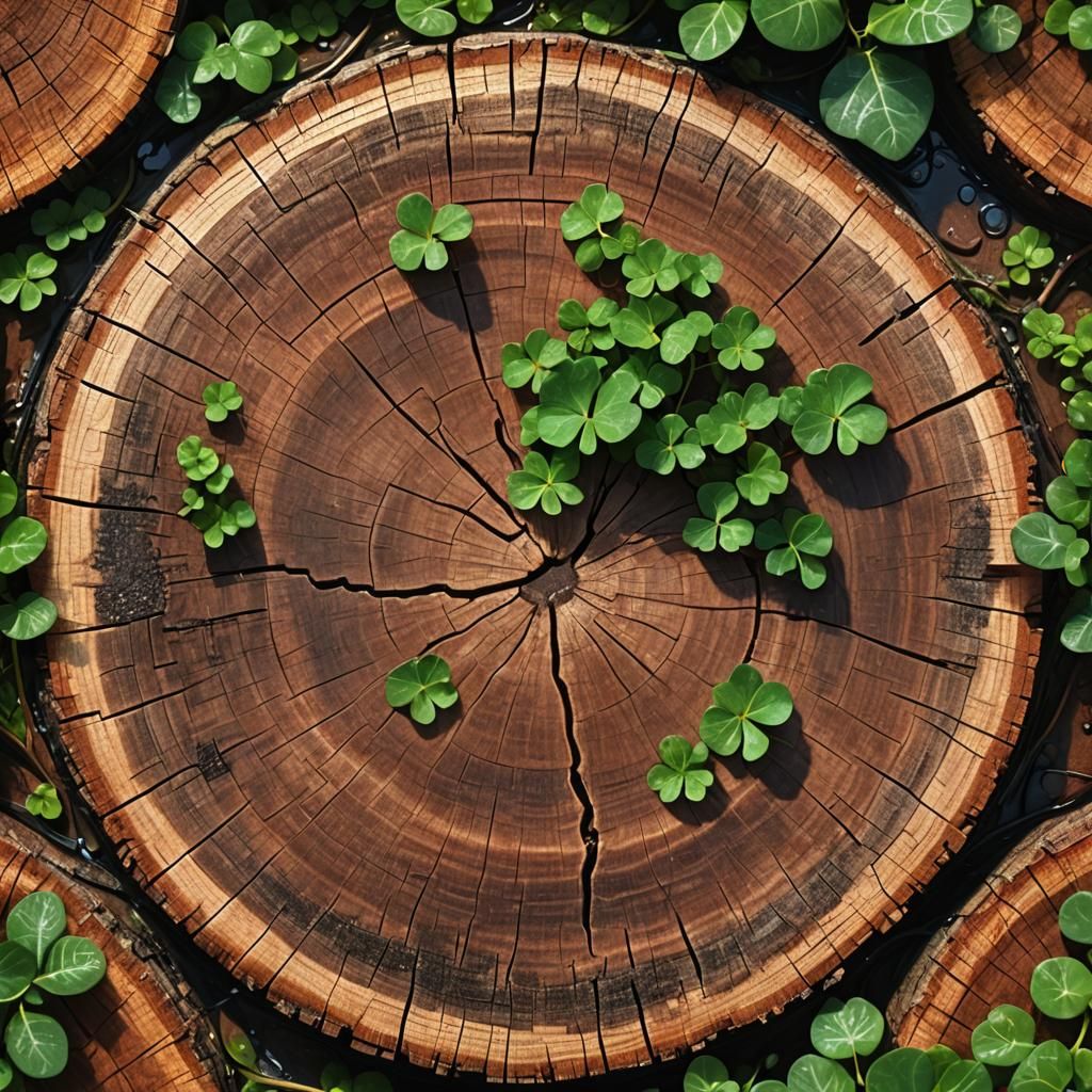 Hyperrealistic Tree Rings with Clover and Sunlight