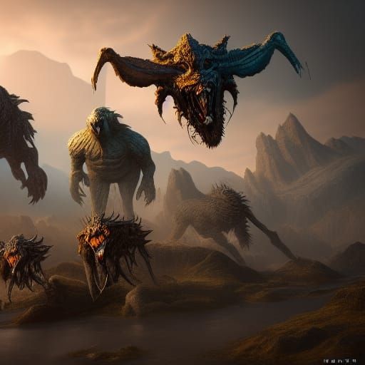 Three-Headed Monster on the Hunt: Fantasy Concept Art