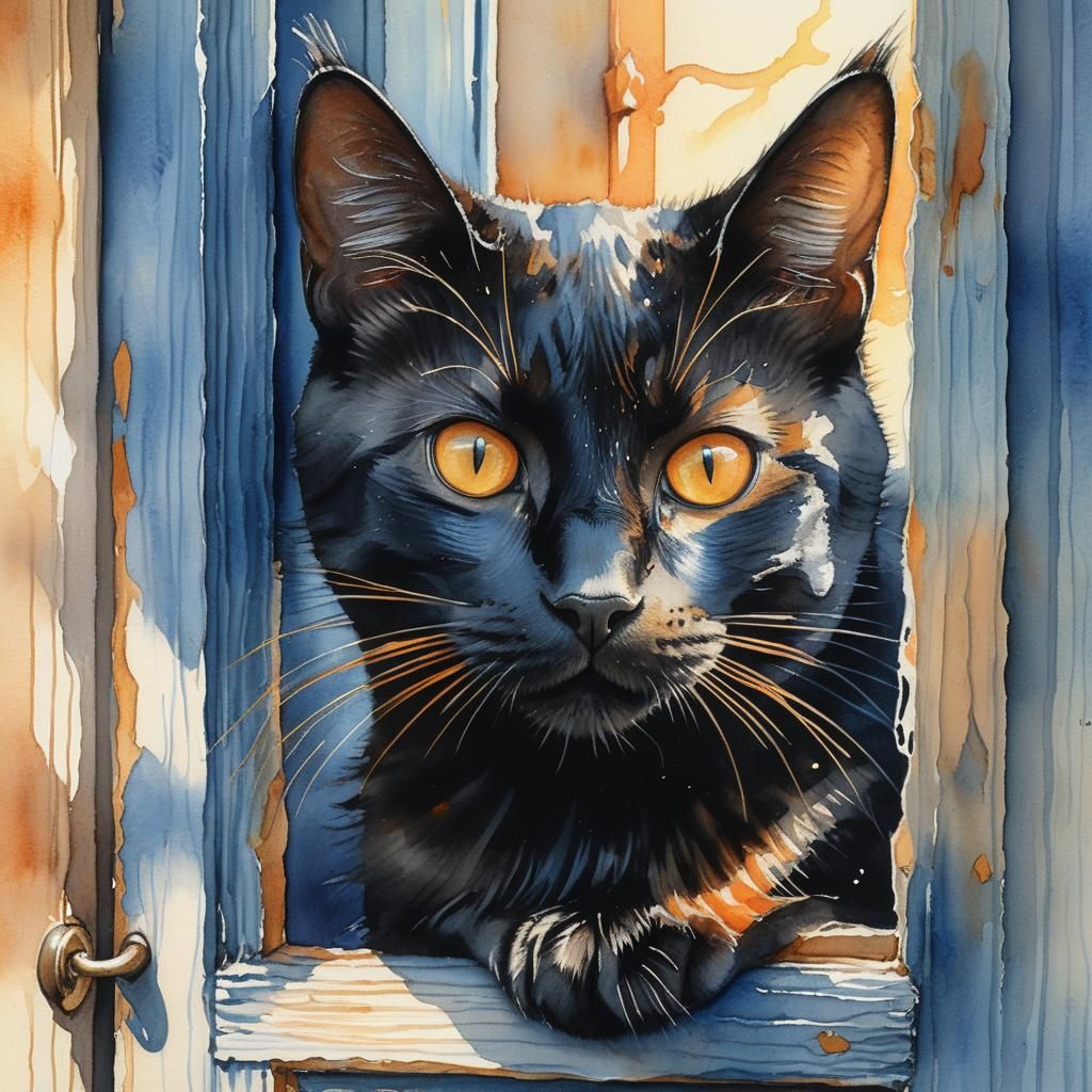 Detailed Watercolor of Black Cat at Door