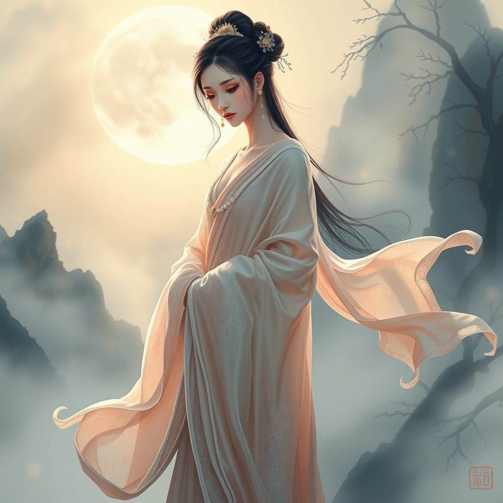 Ethereal Chinese Moon Goddess in Ancient Watercolor Style